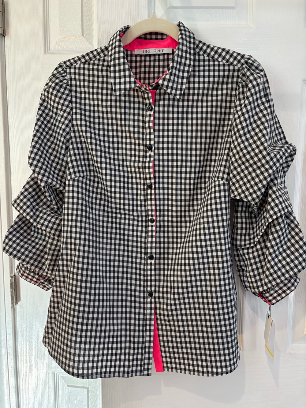 NWT- Insight Black & White Gingham Women’s blouse with Pink Trim Accents
